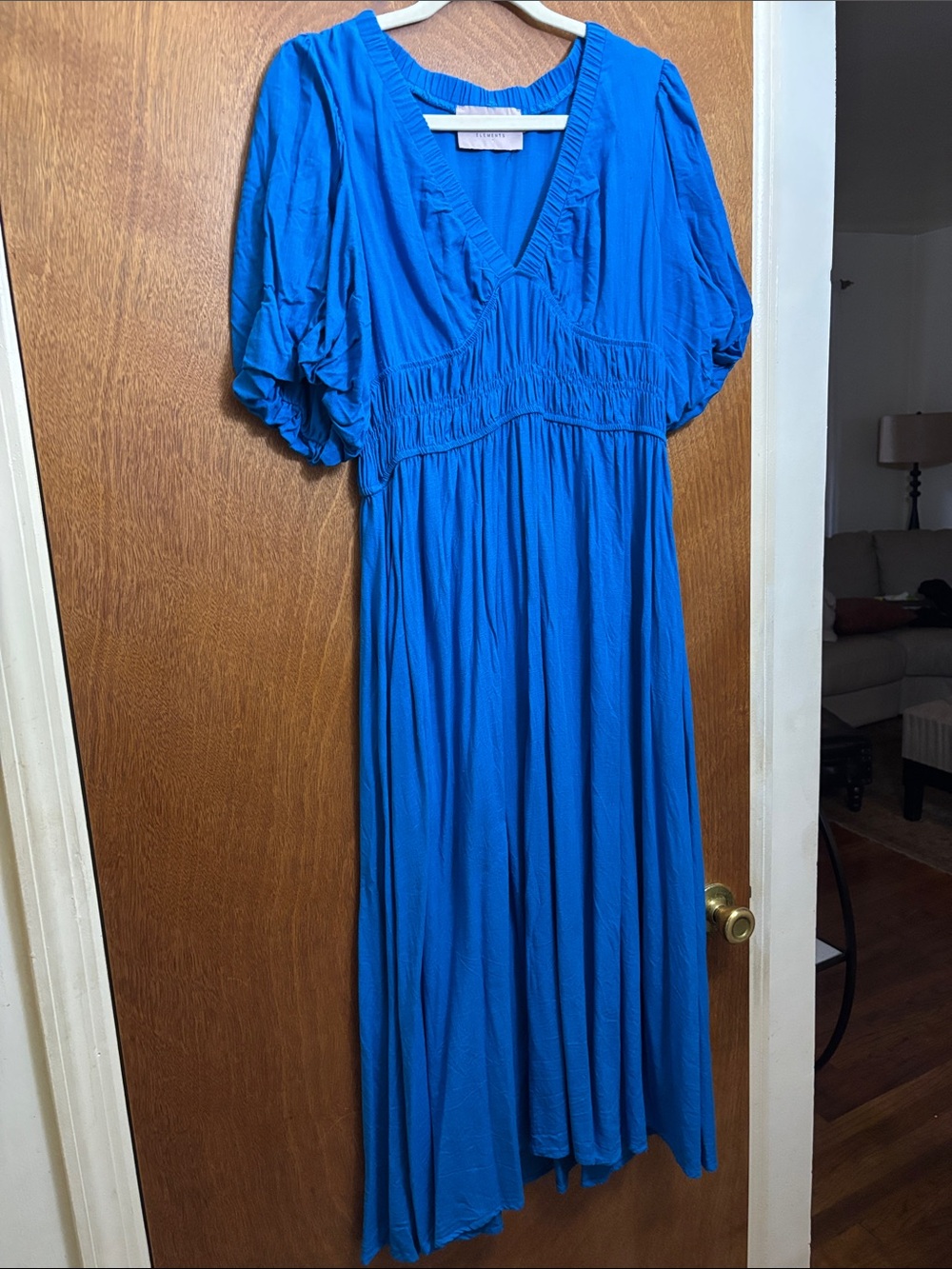Blue V-Neck Smocked Waist Midi Dress - Unbranded